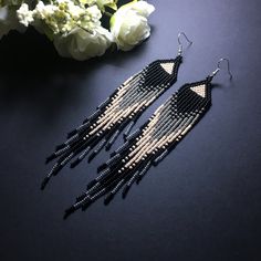 "These black gold beaded earrings pair amazingly with any outfit, dressy or casual. They are made of high-quality Czech colored beads with steel . Colors: black beige gray silver Length: 6.3 inches (16 cm) Width: 1 inches (2,5 cm) Materials: Czech \"Preciosa\" beads Durable synthetic thread medical steel" Gold Beaded Earrings, Beaded Peacock, Ombre Earrings, Gold Bead Earrings, Outfit Elegant, Beaded Fringe Earrings, Beaded Earrings Tutorials, Luxury Earrings, Earring Tutorial