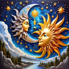 two golden sun and moon faces in the night sky