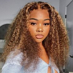 【Locky】Highlight Curly 13X1 T Part Lace Front Human Hair Wig Honey Blonde Ombre, Curling Tips, Highlight Ideas, Hair Curling Tips, Honey Blonde Highlights, Gel Glue, Curly Bob Wigs, Virgin Hair Wigs, Hair Curling