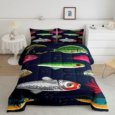 a bed room with a neatly made bed covered in a comforter and two pillows