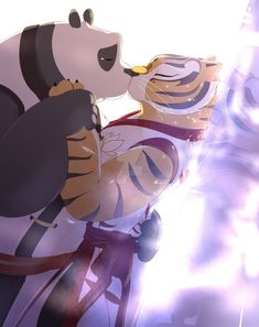 an animated panda bear is kissing another panda bear in front of purple and white lights