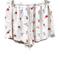 New With Tags White Floral Flowy Shorts With Drawstring Lined Elasticized Waist Waist: Approximately 15 Inches Across But Stretchy 100% Rayon B4 White Floral Print Pajama Shorts For Loungewear, Casual Floral Print Shorts For Daywear, White Spring Sleepwear With Elastic Waistband, White Floral Print Beach Shorts, Spring Vacation Sleepwear In Short Length, White Floral Print Shorts For Beach Season, White Floral Print Loungewear Bottoms, White Floral Print Summer Shorts, White Cotton Pajama Shorts For Beach Season