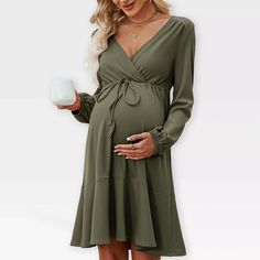 Womens Maternity Dress V Neck Long Sleeve Tie Waist Flowy Dress Midi Dress For Baby Shower Photography Fall Outfits For Maternity,army Green - M : Target Flowy Dress Photography, Flowy Fall Dresses, Fall Maternity Dress, Dress For Baby Shower, Shower Photography, Maternity Dresses For Baby Shower, Maternity Wrap Dress, Long Sleeve Maternity Dress, Maternity Long Dress