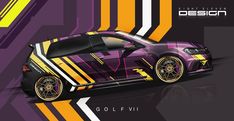 a purple car with yellow stripes on it's side and the words golf vi written in gold