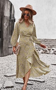 Green V-neck Wrap Dress For Spring, Flowy Long Sleeve V-neck Dress For Spring, Fall Fitted V-neck Maxi Dress, Elegant Non-stretch V-neck Dress For Spring, Flowy Chic Wrap Dress For Fall, V-neck Dress For Brunch In Fall, V-neck Wrap Dress For Fall, V-neck Dress For Fall Brunch, V-neck Dresses For Brunch In Fall