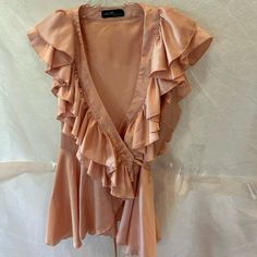 On Twelfth Ruffled Blouse; Wraps Around And Ties; Pink; Size L; Bust 36" Measured Armpit To Armpit; Length From Shoulder 26"; 100% Polyester Chic Summer Blouse With Ruffle Hem, Fitted Summer Blouse With Ruffle Sleeves, Fitted Blouse With Ruffle Sleeves For Summer, V-neck Ruffle Blouse For Night Out, V-neck Party Top With Ruffle Hem, Chic Ruffle Hem Blouse For Night Out, Summer V-neck Blouse For Night Out, Chic Tops With Ruffle Hem For Night Out, Spring V-neck Blouse With Ruffle Hem