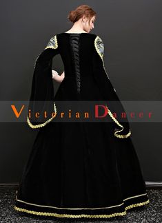 Black Velvet Queen Gothic Victorian Halloween Vampire Dress    Condition: Brand New  Color: amp;nbsp; As Picture  Material: Velvet And Lace  Silhouette: Ball Gown  Sleeve Length: Long sleeves  Dresses Length:Floor-Length  Neckline:Square Neck  Decoration: Other  Style: Vintage  Includes: Dress Fitted Black Ball Gown For Costume Party, Fitted Black Gown For Halloween, Fitted Gothic Black Ball Gown, Elegant Black Ball Gown For Costume Party, Black Floor-length Gown For Costume Party, Black Floor-length Gown For Costume, Black Floor-length Costume Gown, Black Gown With Fitted Bodice For Costume Party, Gothic Fitted Gown For Costume