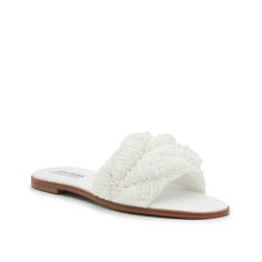 Steve Madden-Ecstatic Sandal Slip into a easy elegance with the Ecstatic sandals from Steve Madden. This pair features the ease of sporty slides but is crafted with delicate embellishments along the strap. Elegant White Slides For Spring, Elegant Synthetic Slides For Beach, Elegant White Open Toe Slides, Elegant White Sandals For Vacation, Elegant Beach Slides, Elegant Slide Sandals For Vacation, Elegant Synthetic Sandals For The Beach, White Embellished Sandals For Summer, Elegant Slides For The Beach