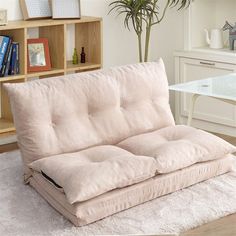 a futon sofa bed sitting on top of a rug in front of a book shelf