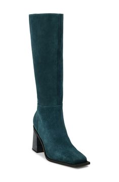 Step out into the city with this supple suede boot boasting a chic square toe and a convenient side zipper for easy entry. 3 1/4" heel 15" shaft; 15 1/2" calf circumference Leather upper/textile lining/synthetic sole Made in Brazil Wide Calf Suede Heeled Boots With Stacked Heel, Blue Leather Knee-high Boots For Fall, Modern Suede Boots With Block Heel, Matisse Boots, Knee High Stiletto Boots, Platform Slippers, Kids Sandals, Pointed Toe Shoes, Maternity Shops