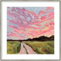 a painting of a road going through a field under a pink and blue cloudy sky