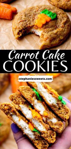 carrot cake cookies are stacked on top of each other, with the words carrot cake cookies in