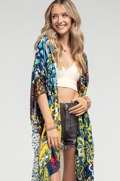 The colors on this kimono are just goregous! This will work with so much in your wardrobe! - 100% Viscose - 37.5"x39" - One size fits all Multicolor Wrap Kimono For Festivals, Oversized Multicolor Wrap Kimono, Multicolor Floral Print Open Front Outerwear, Multicolor Printed Wrap Cover-up, Multicolor Open Front Outerwear With Floral Print, Multicolor Print Kimono For Spring Beach Cover-up, Multicolor Printed Kimono For Beach Cover-up, Multicolor Kimono Beach Cover-up, One Size Multicolor Kimono For Festivals