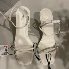 White Cream Leather Sandals. Adjust Toe Back And Front. Height 8 Cm White Sandals With Heel Strap And Low Heel, Trendy White Square Toe Sandals, White Heels With Buckle Closure For Spring, White Spring Heels With Buckle Closure, White Sandals With Padded Heel And Square Toe, White Low Heel Sandals With Wrapped Heel, White High Heel Sandals With Buckle Closure, White High Heel Sandals With Buckle, Zara Leather Sandals With Square Toe