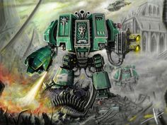 a painting of a green robot with flames coming out of it's back end