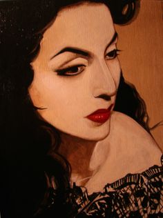 a painting of a woman's face with black hair and red lipstick on it