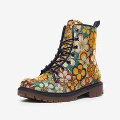 Extremely comfortable custom lightweight leather boots with my retro floral design. These are an awesome gift for anyone nostalgic about the 60s and 70s! .:Rubber sole .:Padded collar for added comfort .:Lace-up front .:Wide Fit .:Faux Leather .:Sizes 3-12 US Mens & 4.5 - 14 US Womens I Can Ship Worldwide! ** Please allow 1-3 weeks for delivery  Note that sizes listed are in US Men & Women's sizes (see pictures for size chart & conversion chart for EU and UK sizes). Best way to determine proper Retro Lace-up Spring Boots, Retro Lace-up Boots For Spring, Retro Multicolor Boots With Round Toe, Retro Multicolor Round Toe Boots, Retro Brown Boots For Spring, Brown Retro Boots For Spring, Vintage High-top Boots For Spring, Retro Leather Ankle Lace-up Boots, Vintage Lace-up Boots For Spring