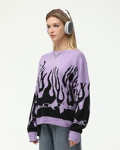 Details: Long-sleeve sweater with fire graphical designTop Length: NormalSleeve Length: Long SleevesMaterials:100% Acrylic Trendy Acrylic Sweater For Streetwear, Trendy Acrylic Streetwear Sweater, Fall Acrylic Sweater For Streetwear, Edgy Crew Neck Sweater For Fall, Purple Long Sleeve Sweater For Streetwear, Acrylic Crew Neck Sweater For Streetwear, Trendy Purple Sweater For Streetwear, Grunge Graphic Print Sweater For Winter, Oversized Edgy Fall Sweater