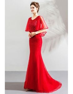 Elegant Long Red Tight Mermaid Formal Dress With Cape Sleeves Wholesale #T69073 - GemGrace.com Fitted Mermaid Dress With Sweep Train For Red Carpet, Red Mermaid Dress With Sweep Train, Stretch Mermaid Dress For Banquet, Fitted Red Mermaid Dress For Banquet, Red Fitted Mermaid Dress For Banquet, Red Mermaid Dress With Sweep Train For Banquet, Red Mermaid Dress With Mermaid Hem For Banquet, Red Fitted Mermaid Dress With Sweep Train, Red Fitted Mermaid Dress With Fishtail