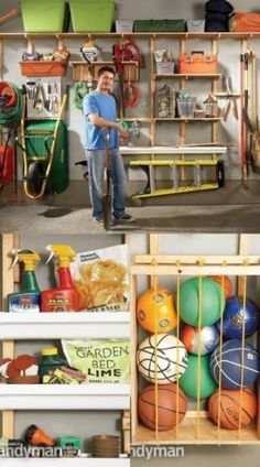 there are two shelves with different items in them and one is holding a basketball ball