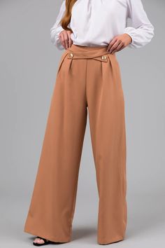 F00231979-102 Elegant Wide Leg Cargo Pants With Pockets, Trendy Wide Leg Formal Pants, Beige Wide-leg Pants With Belt Loops, Formal Stretch Brown Bottoms, Formal Stretch Brown Pants, Elegant Wide Leg Cargo Pants For Workwear, Brown Stretch Wide Leg Dress Pants, Brown Trousers With Elastic Waistband, Chic Wide Leg Non-stretch Pants