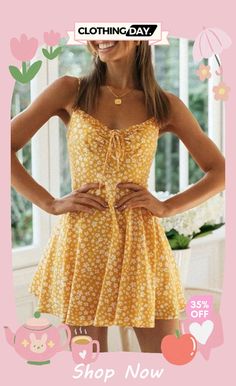 Cute Suspender Decorative Border Mini Dress Yellow Sundress, Causal Dresses, Dress Weights, Dress Sleeve Length, Yellow Tone, Sun Dresses, Floral Lace Dress, Poses Photography, Cute Summer Dresses