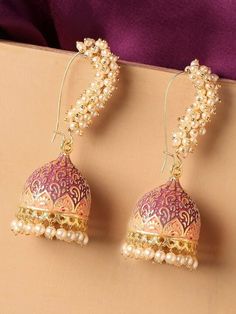 Gold-Toned & Pink Meenakari Enamel Pearls Ethnic Jhumka Earrings VitansEthnics Heavy Jewellery, Desi Jewelry, Fashion Jewellery Online, Contemporary Necklace, Fancy Jewellery Designs, Yule Ball, Wedding Bridesmaid Jewelry, Jhumki Earrings, Traditional Earrings