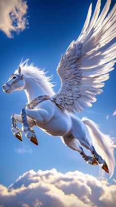 a white horse with wings flying through the air in front of clouds and blue sky