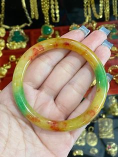 Vintage Translucent Yellow, Red, Green Jade Jadeite Bangle Bracelet ....Total of weights 37.4grams...Measure inside 54MM ( 2 1/8'' Inches ) W 8.7MM ...It's in very good condition. Multicolor Gemstone Bangle, Jade Bracelet Bangles, Jade Bangle Bracelet, Vintage Bangle Bracelets, Glass Bangles, Goyard Bag, Double Bass, Vintage Bangles, Jade Bangle