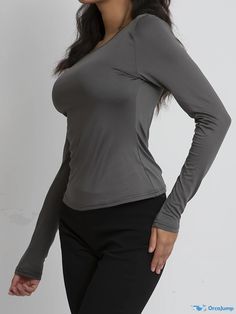 Orcajump - Solid Slim Crew Neck T-Shirt, Casual Long Sleeve Top For Spring & Fall, Women's Clothing Gray High Stretch Casual Tops, Fitted Gray Moisture-wicking Top, Gray Fitted Moisture-wicking Top, Gray Moisture-wicking Fitted Top, Gray Long Sleeve T-shirt For Workout, Basic Sports Top With Scoop Neck, Basic Scoop Neck Sports Top, Basic Gray Moisture-wicking Tops, Gray Crew Neck Sports Top