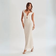 Seafoam Splendor Deep V Neck Long Dress Fitted Summer Maxi Dress, Fitted Maxi Dress For Summer, Elegant Fitted Crochet Beach Dress, Elegant Fitted Crochet Maxi Dress, Fitted Long Vacation Dress, Fitted Long Dress For Vacation, Elegant Fitted Sleeveless Crochet Dress, Fitted Beige Maxi Dress With Short Sleeves, Fitted Short Sleeve Beige Maxi Dress