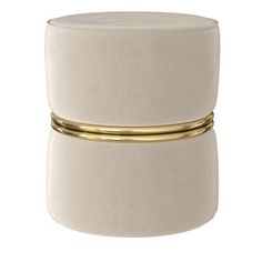 a white and gold colored stool with two golden rings on the top, sitting in front of a white background