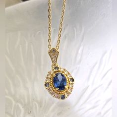 Vintage Style Oval Blue Gemstone With Crystal Inlaid Pendant Necklace. Gold Tone 17.5 Inch Chain Arrowhead Necklace, Pendant Necklace Gold, Victorian Gold, Cluster Necklace, Turquoise Howlite, Pretty Jewelry, Circle Necklace, Pretty Stuff, Blue Gemstones