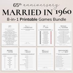 an anniversary party game with the text married in 1960 8 - in - 1 printable games bundle