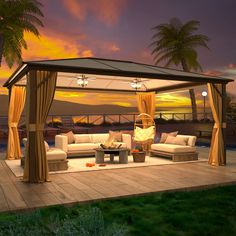 an outdoor living area with couches, tables and chairs under a canopy at sunset