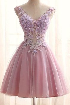 Chic V Neck Pink Tulle Applique Flower See Through Short Prom Dress Prom Dresses Classy, Tight Prom Dresses, Tulle Applique, Prom Dress Pictures, Applique Flower, Dama Dresses, Simple Prom Dress, Long Prom Gowns, Short Homecoming Dress