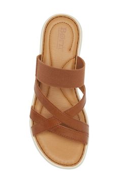 Mixed textures and crisscrossing straps create modern intrigue on a weekend-ready slide sandal grounded by a cushioned footbed and durable sawtooth sole. Cushioned footbed Leather upper/textile lining/synthetic sole Imported Synthetic Cross Strap Sandals With Cushioned Footbed, Brown Synthetic Sandals With Cross Strap, Brown Synthetic Cross Strap Sandals, Cushioned Footbed Strappy Sandals, Casual Sandals With Branded Insole And Cross Strap, Strappy Synthetic Sandals With Leather Footbed, Cross Strap Synthetic Wedge Sandals With Cushioned Footbed, Comfortable Strappy Sandals With Cushioned Footbed, Spring Sandals With Arch Support And Cross Strap