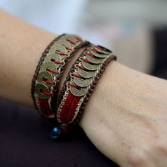 NOVICA - Coin & Wood Wristband Bracelets Crocheted Bracelets, Colorful Threads, Chinese Coin, Rain Tree, Paper Quilling Jewelry, Quilling Jewelry, Fair Trade Jewelry, Coin Bracelet, Buy Bead