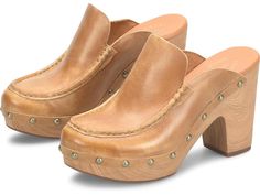 Kork-Ease Spencer - Women's Shoes : Tan : A perfect blend of edgy-cozy! Featuring a leather upper with natural rivet detail, the Kork-Ease Spencer clogs have a moccasin-inspired toe design. The slip-on style clogs feature a breathable soft fabric suede lining and a cushioned fabric-covered footbed with extra foam. Hand-finished water transfer faux wood heel and platform. Rubber outsole. Imported. Measurements: Heel Height: 3 3 4 in Weight: 10.07 oz Product measurements were taken using size 7, w Merrell Hiking Boots, Style Clogs, Tan Woman, Wood Heel, Faux Wood, Toe Designs, Flip Flop, Loafer Shoes, Product Reviews