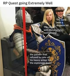 two people dressed up as knights sitting next to each other in front of a mirror