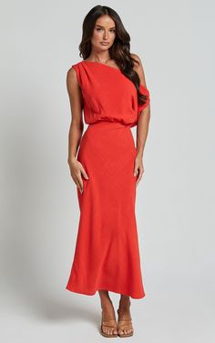 Jacqueline Midi Dress - Linen Look One Shoulder Dress in Sunset | Showpo USA Elegant One Shoulder Midi Dress For Summer, Fitted One-shoulder Asymmetrical Dress For Wedding Guest, Fitted Asymmetrical One Shoulder Dress For Bridesmaid, Elegant Sleeveless One Shoulder Ruched Top, Fitted Asymmetrical One Shoulder Bridesmaid Dress, Elegant One-shoulder Dress For Party Season, Chic Midi Dress With Asymmetrical Neckline For Wedding Guest, One Shoulder Maxi Dress For Prom, Chic One-shoulder Dress With Asymmetrical Neckline For Prom