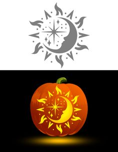 an orange pumpkin with the moon and stars on it's face is shown in two different colors