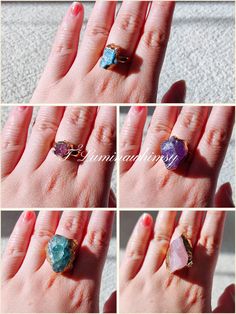 💎Size: US 5.5 - 9 Adjustable 💎Gem Color: Dark Red/Pink/Purple/Green 💎Band Color: Gold  💎Gemstones: Rose Quartz Ring, Amethyst Ring, Green Fluorite Ring, Apatite Ring, Garnet Ring 💎Materials: Titanium based Alloy, Gemstone ♥ A nice gift for any occasion! ☀ Gemstone Healing Symbolization ☀ Garnet: Garnet is a cleansing and energizing stone for the chakras. It brings serenity and passion by revitalizing, cleansing and balancing energy. It also inspires love and devotion.  Apatite: Apatite can help us increase our intuition, expand our knowledge, improve our communication and self-expression. It can also help us relieve grief, apathy and anger, and connect with the spiritual world. Amethyst: Amethyst has the power to cleanse and purify the body and spirit. Its clarity and peace extends to Pink Stone Rings As A Gift, Pink Stone Rings As Gift, Pink Rings With Natural Stones For Gift, Multicolor Amethyst Ring Gift, Pink Stone Rings For Gift, Adjustable Bohemian Crystal Ring With Ethical Gemstones, Pink Amethyst Rings For Gift, Pink Amethyst Ring With Gemstone Accents As Gift, Handmade Pink Amethyst Ring As Gift