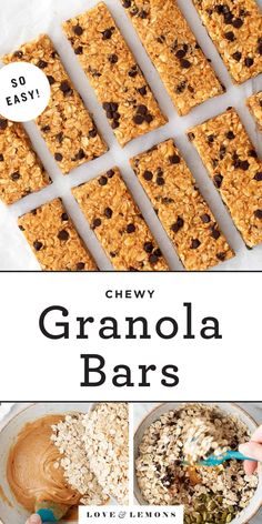 chewy granola bars with oats and raisins in the middle are shown