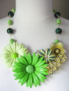 Statement Necklace Vintage Enamel Flower by JenniferJonesJewelry, $145.00 Green Flower Pendant Jewelry For Wedding, Green Flower Pendant Necklace For Wedding, Green Enamel Jewelry For Wedding, Green Enamel Wedding Jewelry, Unique Green Necklaces For Weddings, Unique Green Necklace For Wedding, Green Flower-shaped Enamel Jewelry, Green Flower Shaped Jewelry With Floral Decoration, Vintage Green Flower Shaped Jewelry