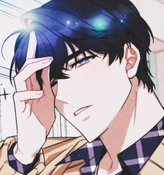 an anime character is holding his head in one hand and looking at the camera while wearing a checkered shirt