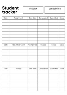 the student tracker sheet is shown in black and white