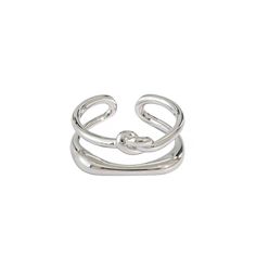 LOVCIA Jewelry Metal Material, Adjustable Ring, Yellow Gold Rings, Adjustable Rings, Solid 925 Sterling Silver, Rhodium Plated, Double Layer, Metallic Silver, Knot