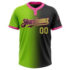 a green and black baseball jersey with pink trim