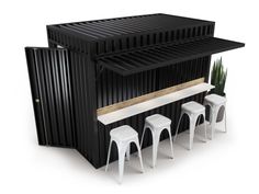 an outdoor bar with three stools and a potted plant next to it on a white background